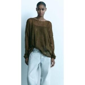 ZARA Distressed Knit Sweater Women’s Sze L Olive GreenLoose Open Weave Wool Boho